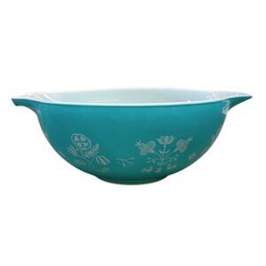 Vintage 1958 Pyrex Needlepoint Embroidery Turquoise Cinderella Bowl 443 Promo